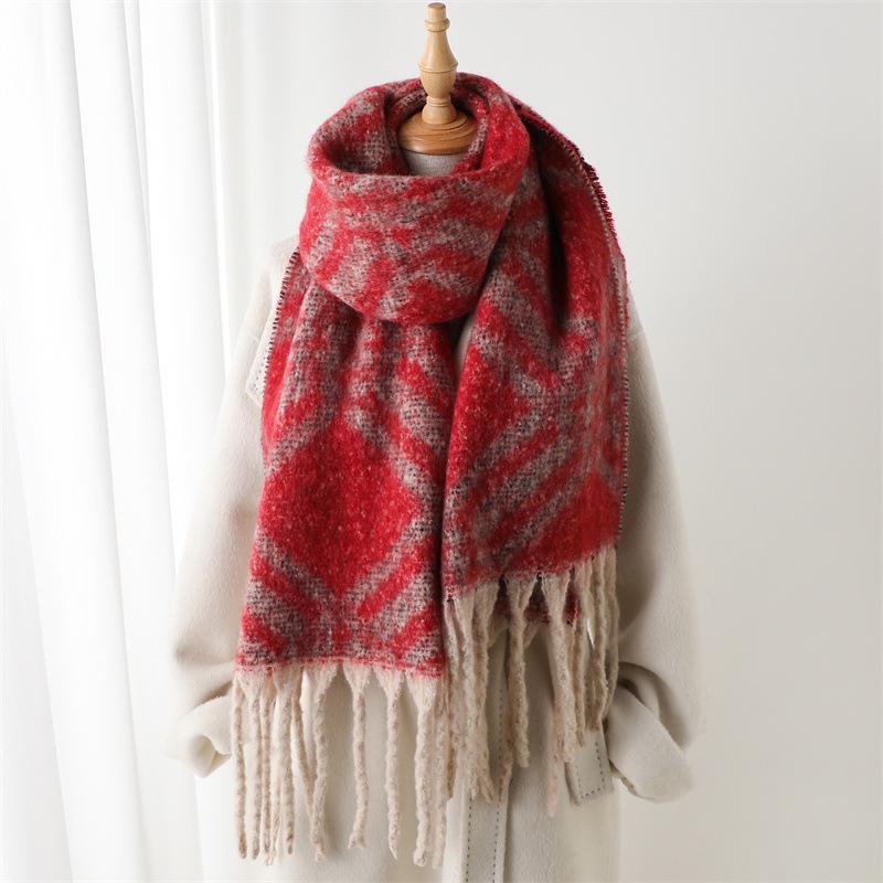 Navy Blue Brown Pattern Geometric Texture Imitation Cashmere Warm Shawl Scarf Autumn And Winter Fashion Versatile Fringed Commuter Scarf