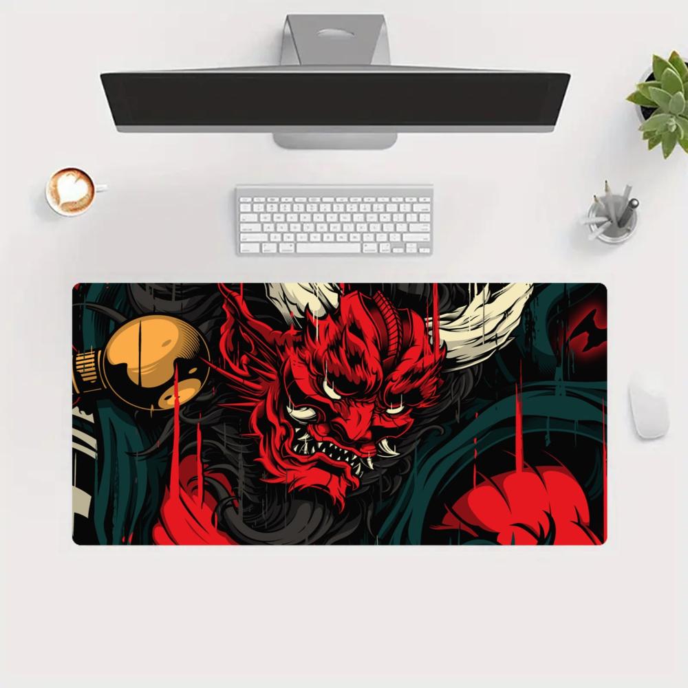 Fiery Red Oni Demon Ukiyoe Style Design Large Size Game Desk Mat Natural Rubber Nonslip Esports Mouse Pad For Laptop Desktop