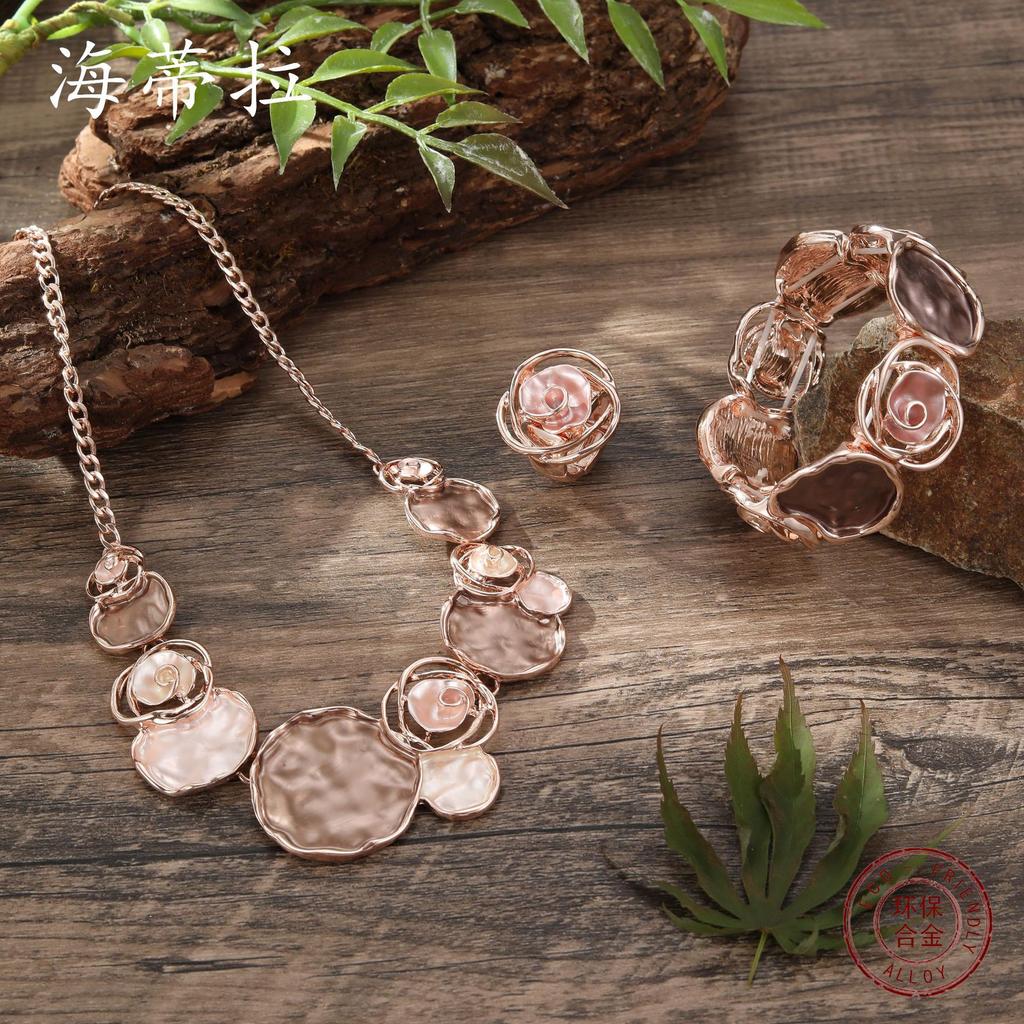 Color painting oil rose ring bracelet necklace set women's banquet high-end jewelry set