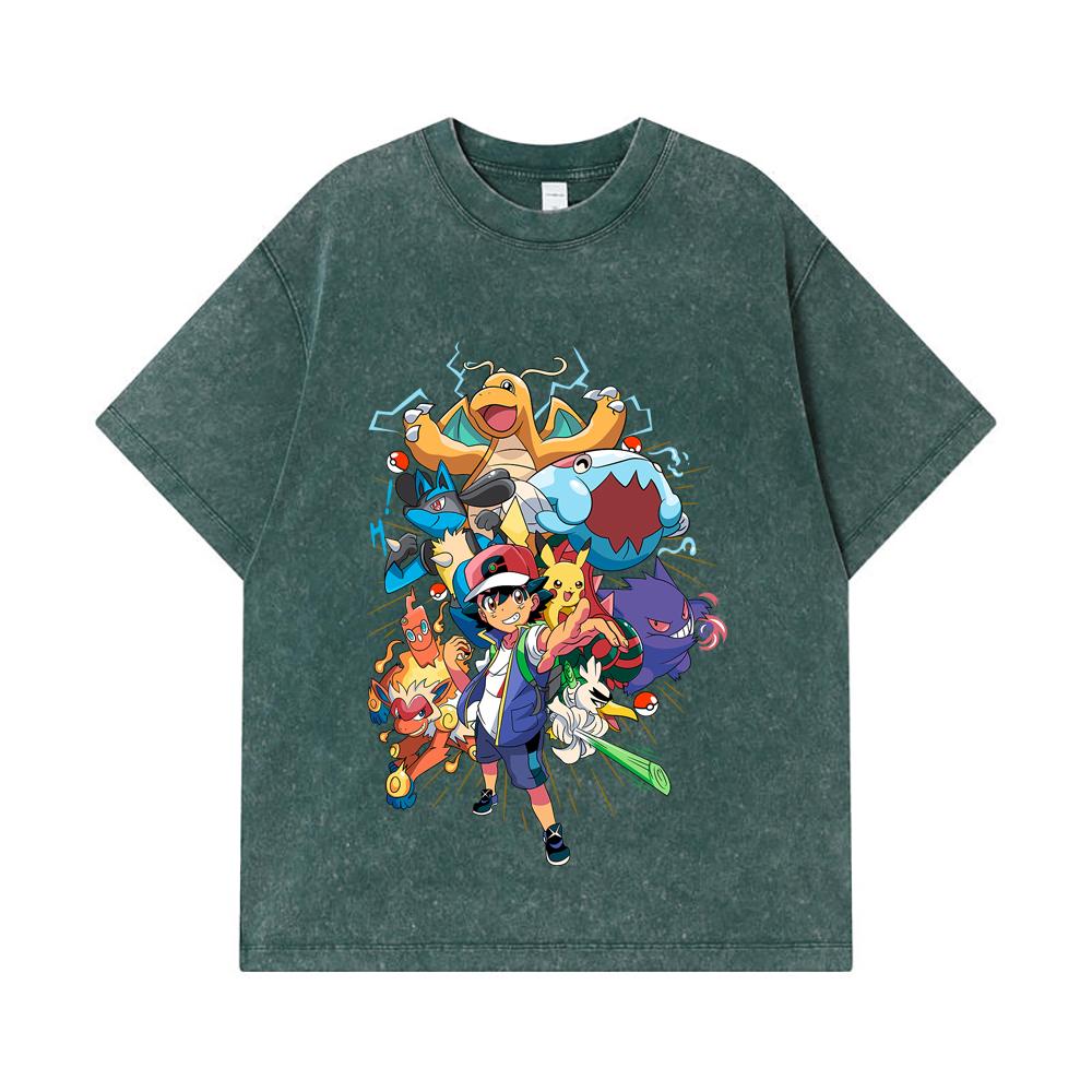 275 GSM Washed T-shirts 100% Cotton Pokemon V20 Print Unisex Heavy Cotton T Shirt
