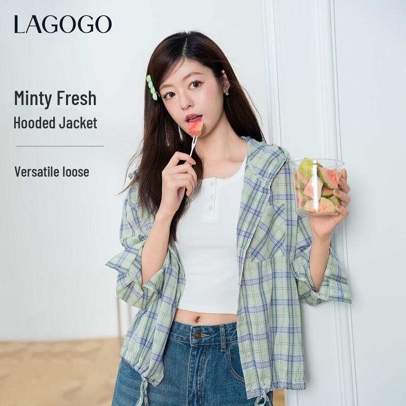 LAGOGO Women s Plaid Hooded Shirt M
