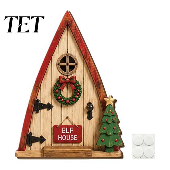Holiday Home Ornaments Christmas Fairy Door Wall Decoration, Solid Wood with Adhesive Backing Design, Tree Decorations Miniature Tiny for Trunks