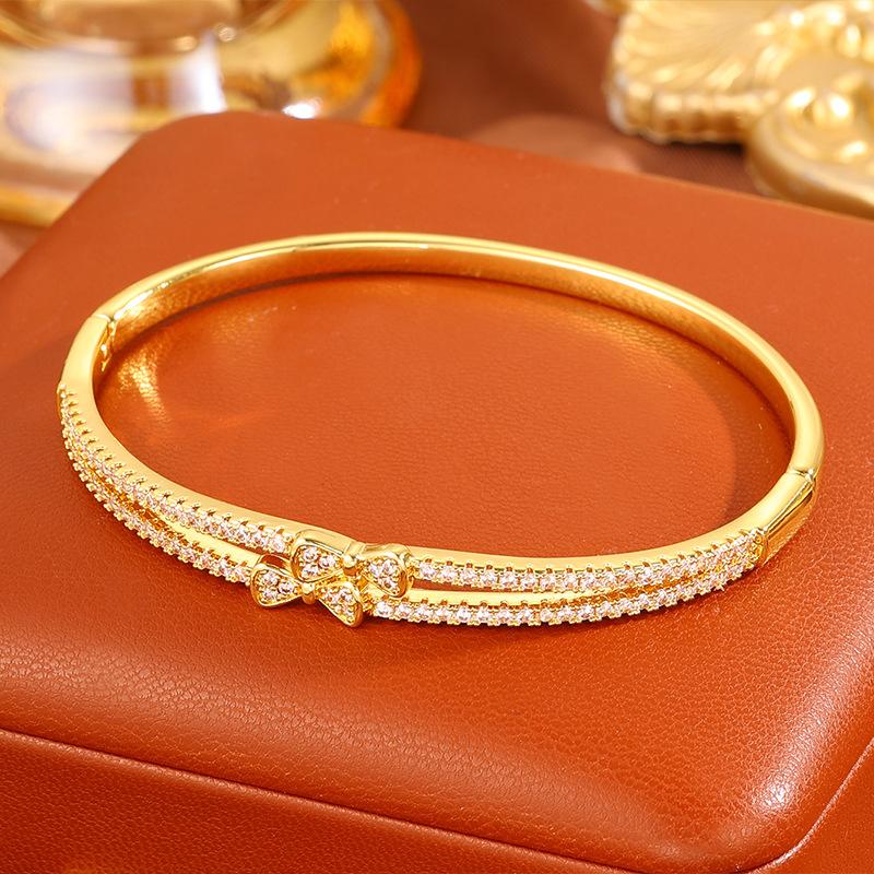 European and American fashion bow zircon copper gold-plated  double-layer full diamond non-fading versatile high-end 