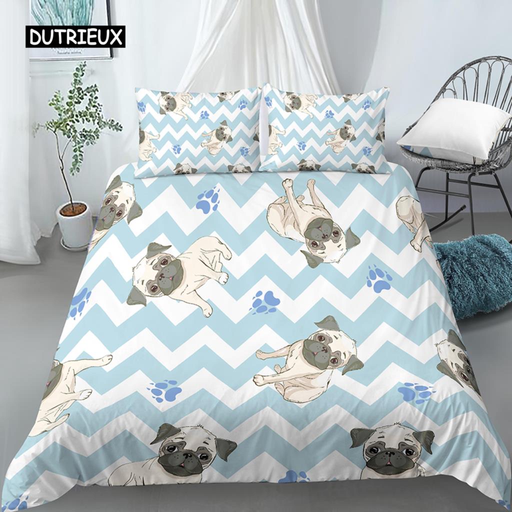 Ensemble Housse de Couette Chien Dessin Animé Imprimé Carlin Drôle Ensemble de Literie King Size pour Enfants Garçons Filles Thème Animal 2/3 pièces Housse de Couette Twin
