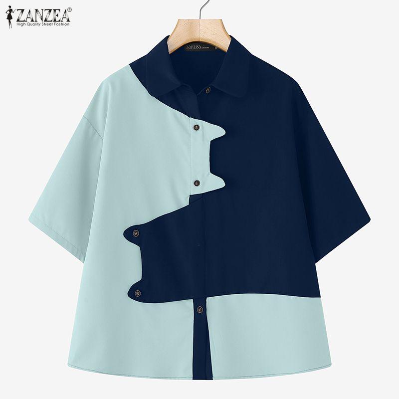 ZANZEA Women Casual Turn Down Collar Loose Short Sleeve Blouse