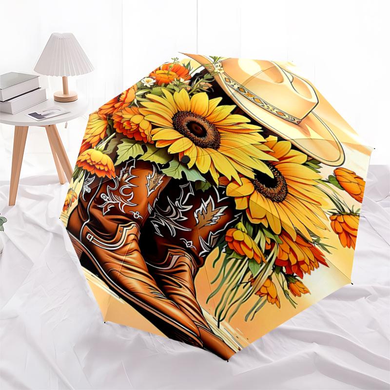 Cowboy Boots with Sunflowers Umbrella- Western Style Cowboy Hat and Boots for Men Women - Festival Gift Idea - Outdoor Rain Umbrella with Au