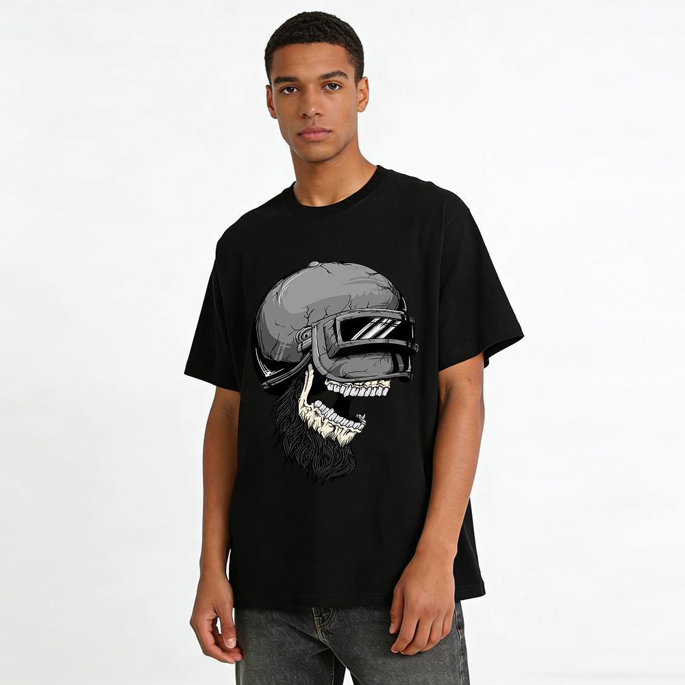 Dark Motorcycle Skull Helmet Print Cool Men's Casual Short Sleeve T-Shirt Pure Cotton T-shirt