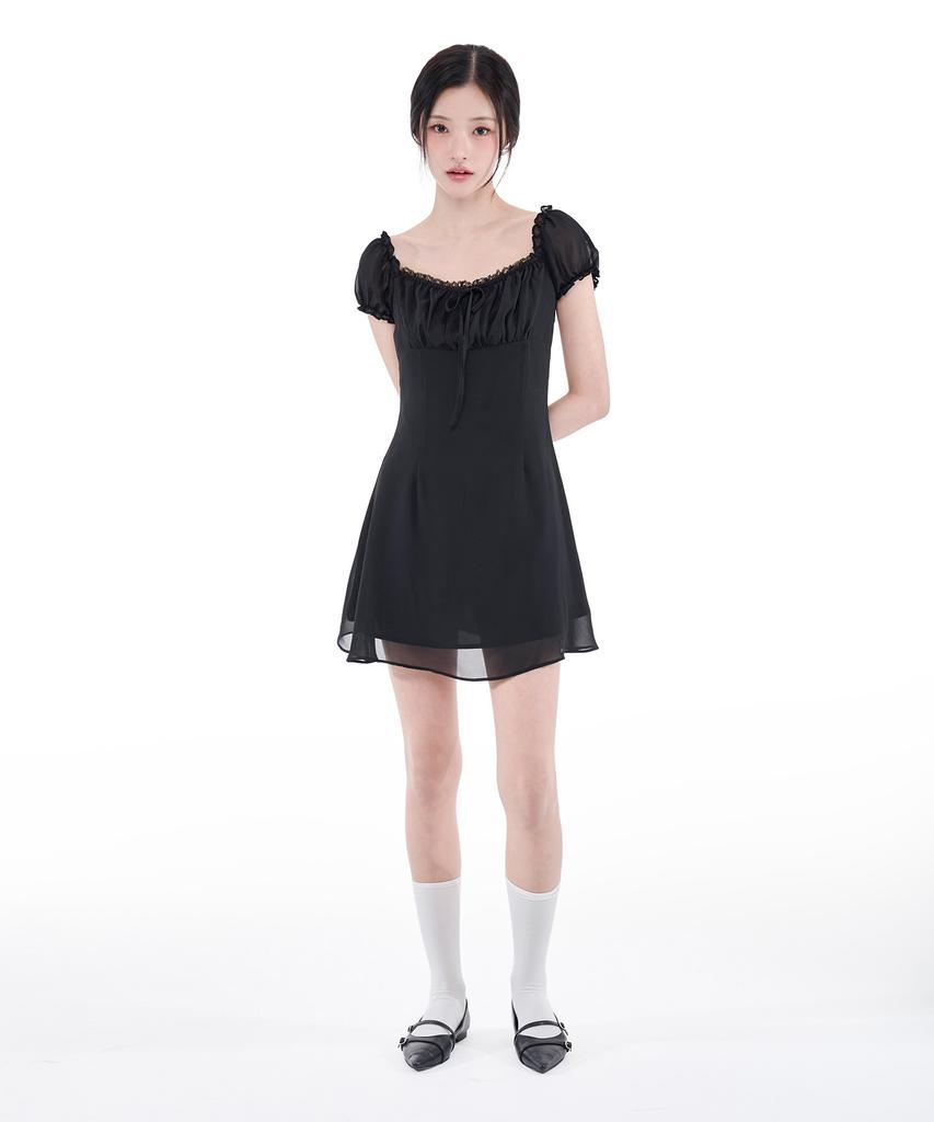 Alkialka Puff Chiffon Mini Dress (Black)