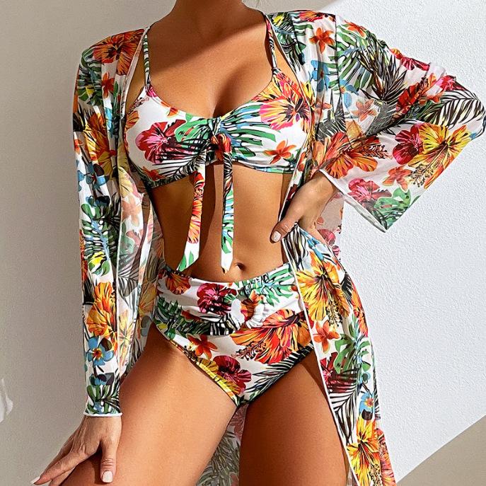 Women's Long-Sleeve Bikini Set with Cover-Up and High-Waisted Shorts