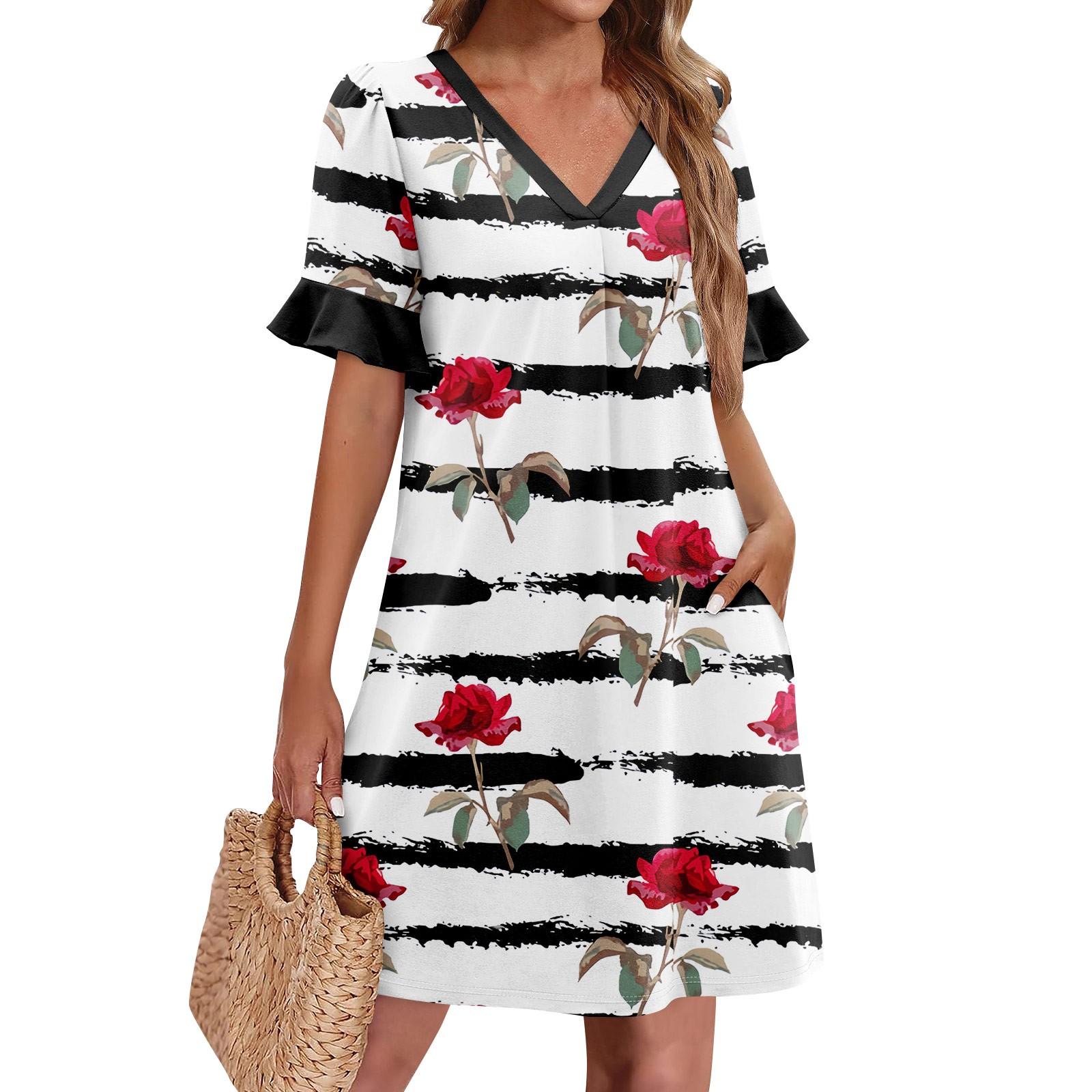 

Летние платья для женщин с V-образным вырезом, оборками и коротким рукавом, повседневное свободное платье с принтом, пляжное платье с карманами XL винный