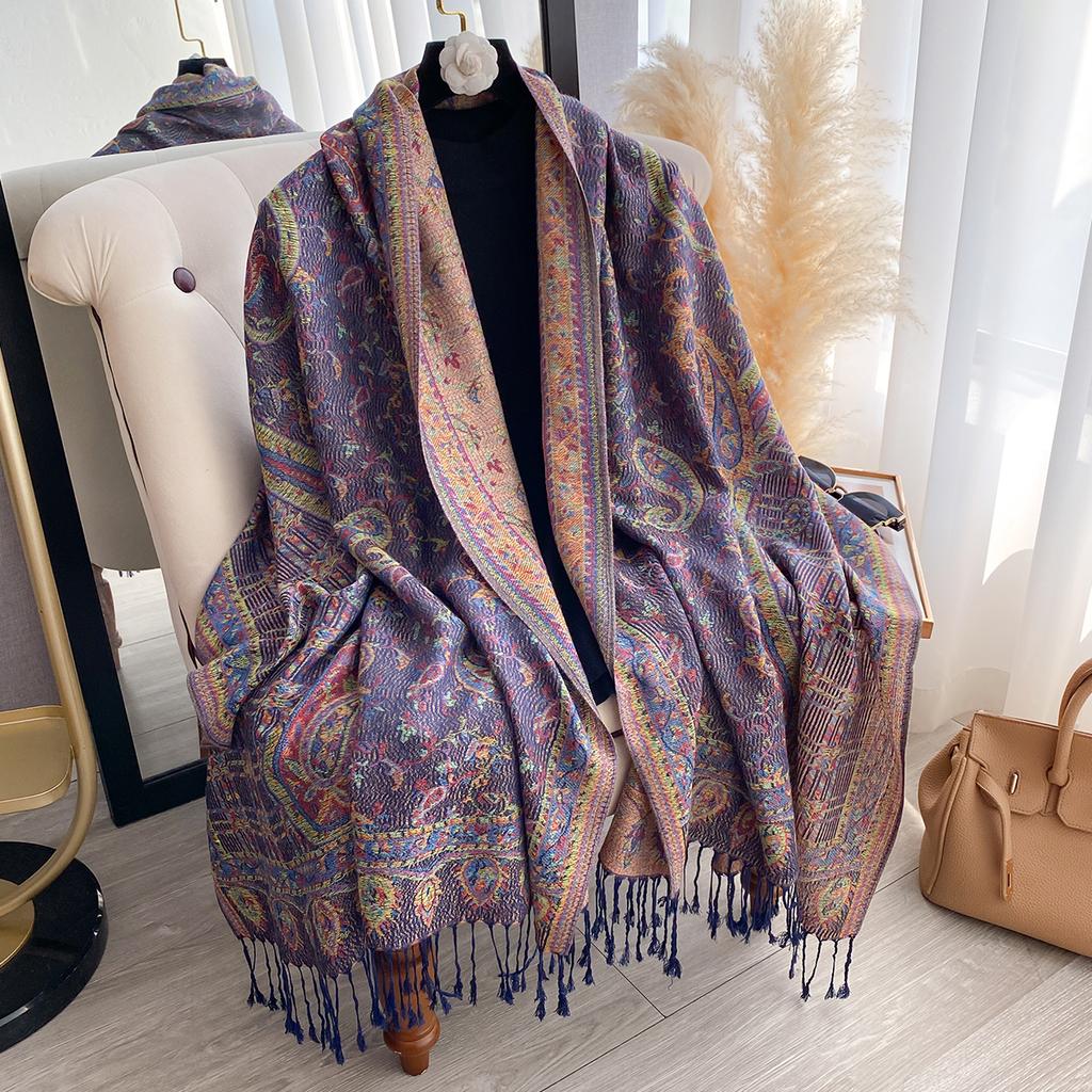 Fashion Women'S Winter Warm Cashmere Shawl - Vintage Floral Oil Painting Printed Tasseled Pashmina Thick Wrap