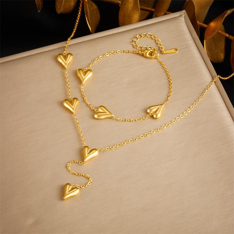 Fashion Gold Vintage Shiny Heart Chain Accessories Bracelet Necklace Set