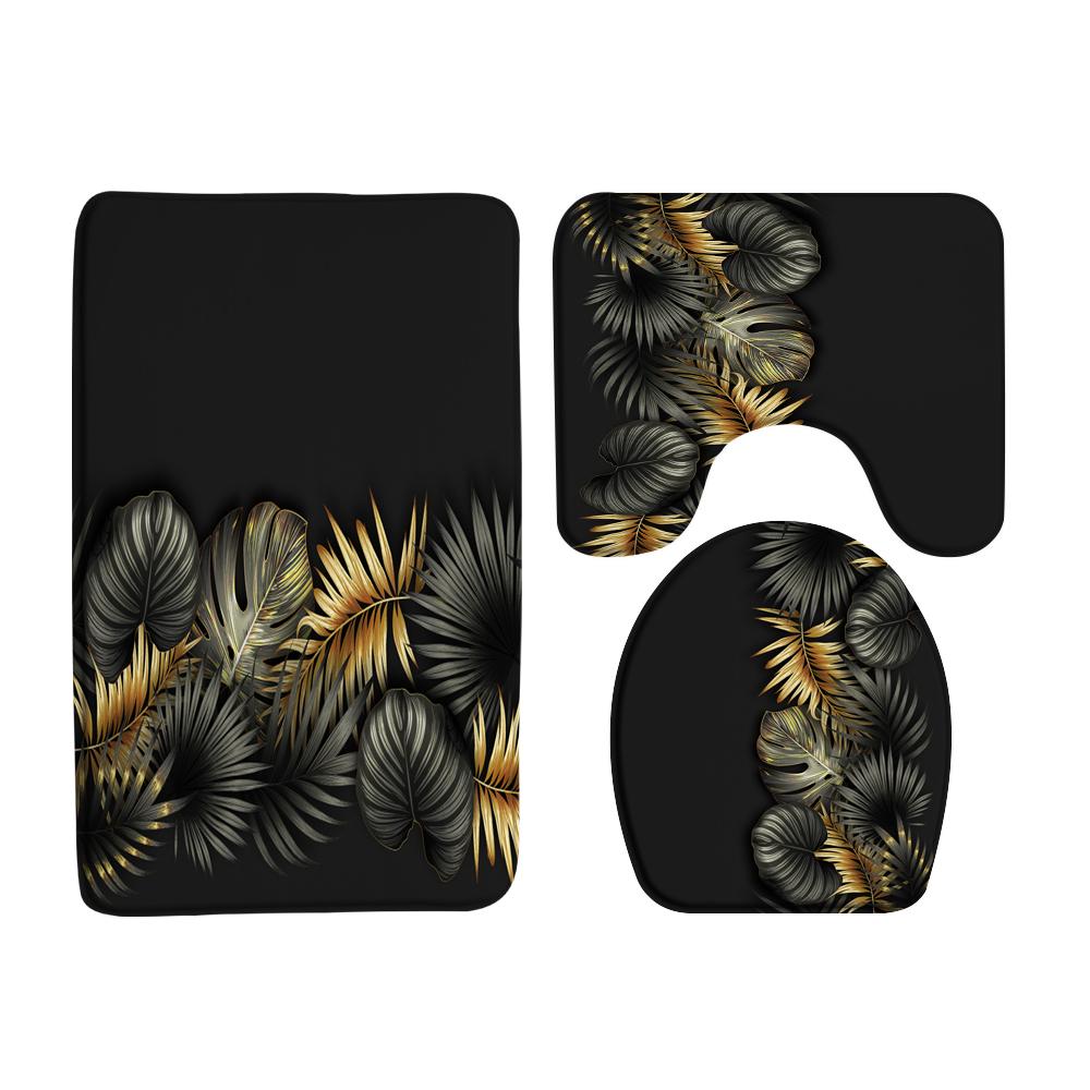 

Black and Gold Tropical Plant Palm Leaf Bathroom Shower Curtain Set for Bathtub Exotic Leaves Bath Mats Rugs Toilet Home Decor