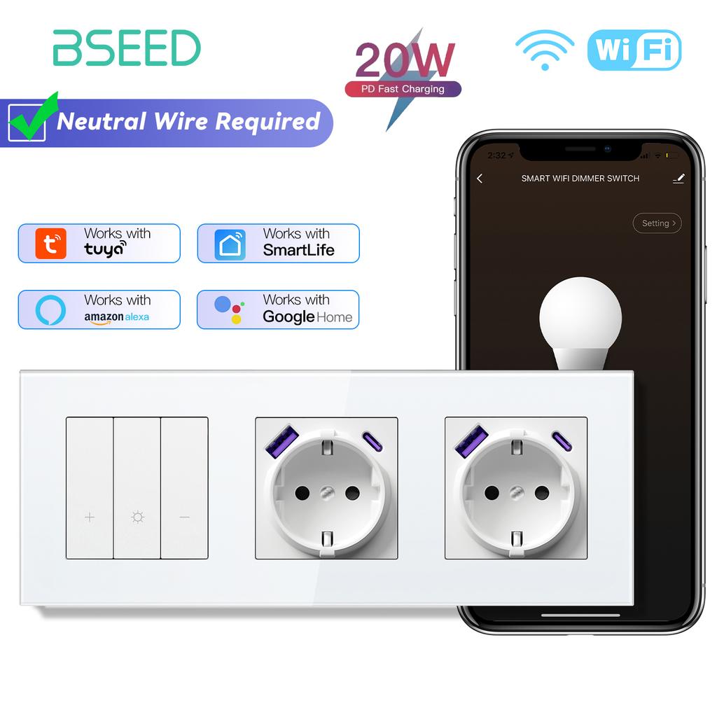 BSEED Wifi Light Switches Smart Dimmable Switches Tuya Smart Life App Control Plus EU Sockets USB Type-c Without Wifi White