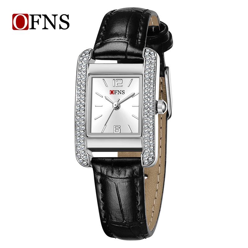 OFNS Elegant Women's Square Dial Watch: Simple Niche Bar Markers, Waterproof, Luxury Diamond Inlaid Quartz.