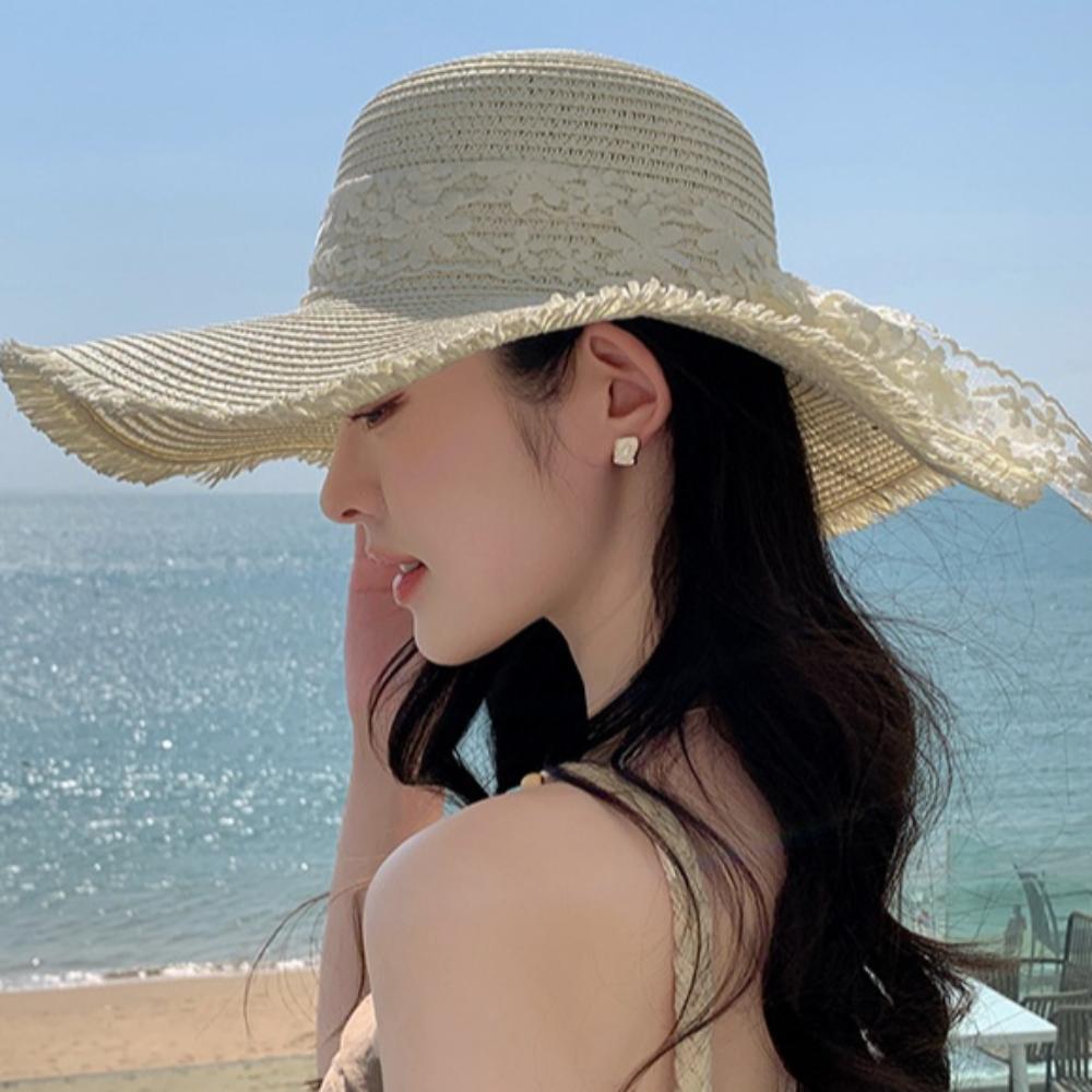 Breathable Wide Brim Sun Hat Large Brim Sunshade Cap Vacation Lace Bowknot Straw Hat  Woman