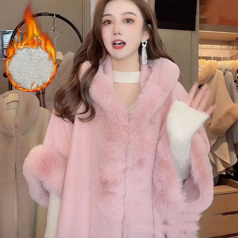 Faux Rabbit Fur Capes Coats Women Plaid Poncho Jackets Tassel Hooded Batwing Sleeves Open Stitch Loose Casual Autumn Winter