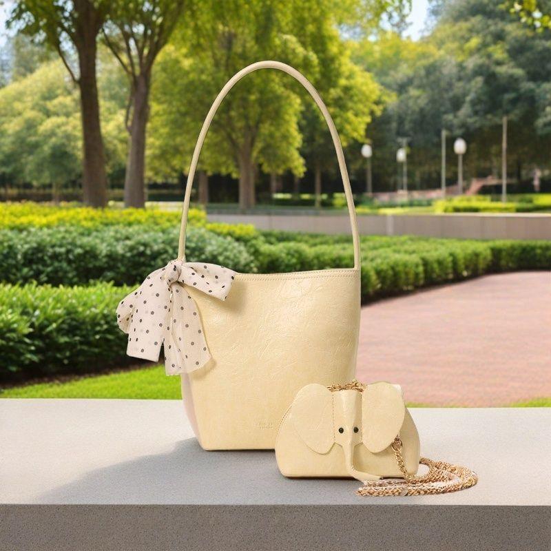 

Nanfeng Chio2n Beautiful Time Bucket Bag for Women 2025 New Arrival Summer Satchel Shoulder Bag Free Elephant Coin Purse Light yellow