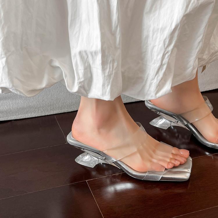 Niche transparent slippers women's summer outer wear 2025 new wedge heel sandals personalized special-shaped heel with high-heeled slippers