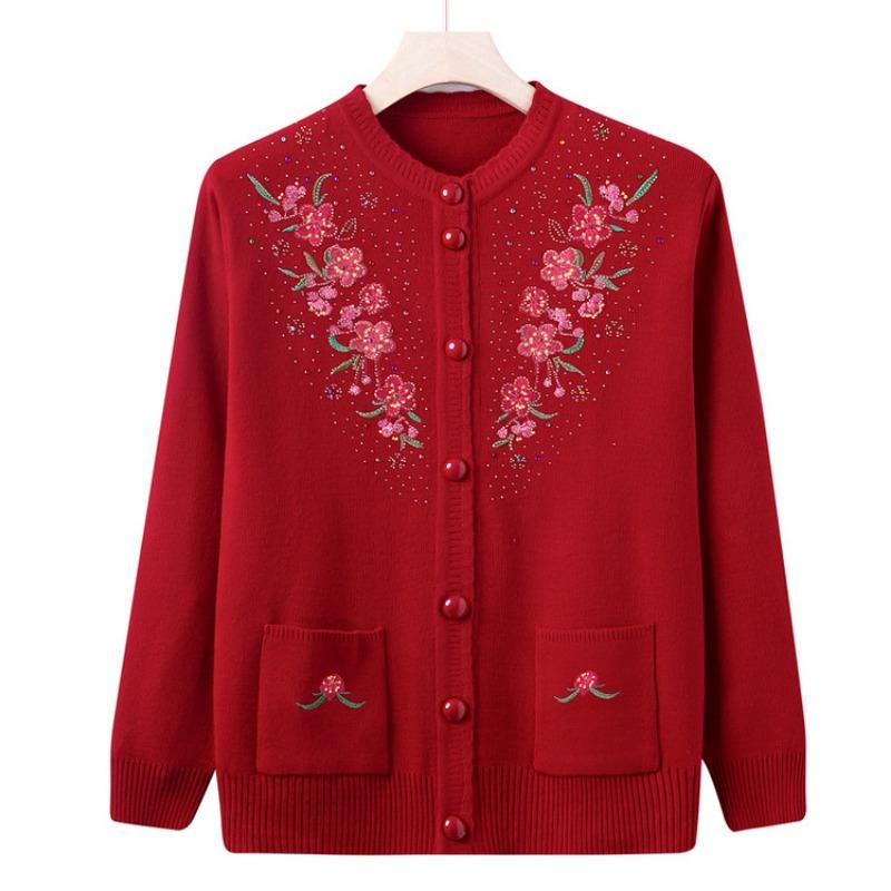 Middle-aged and old embroidered knitted sweater jacket grandma top cardigan long-sleeved sweater casual mom outfit old lady clothes