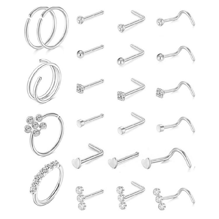 

Multiple Styles Stainless Steel Nose Rings 23Pcs Elegant Color Cubic Zirconia 0.8mm Gauge Body Piercing Jewelry