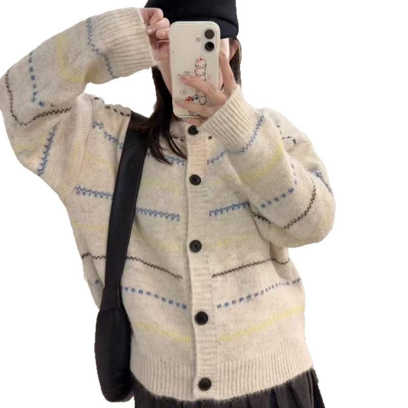 New autumn top striped contrasting color knitted cardigan women's loose lazy wind age-reducing women's sweater jacket