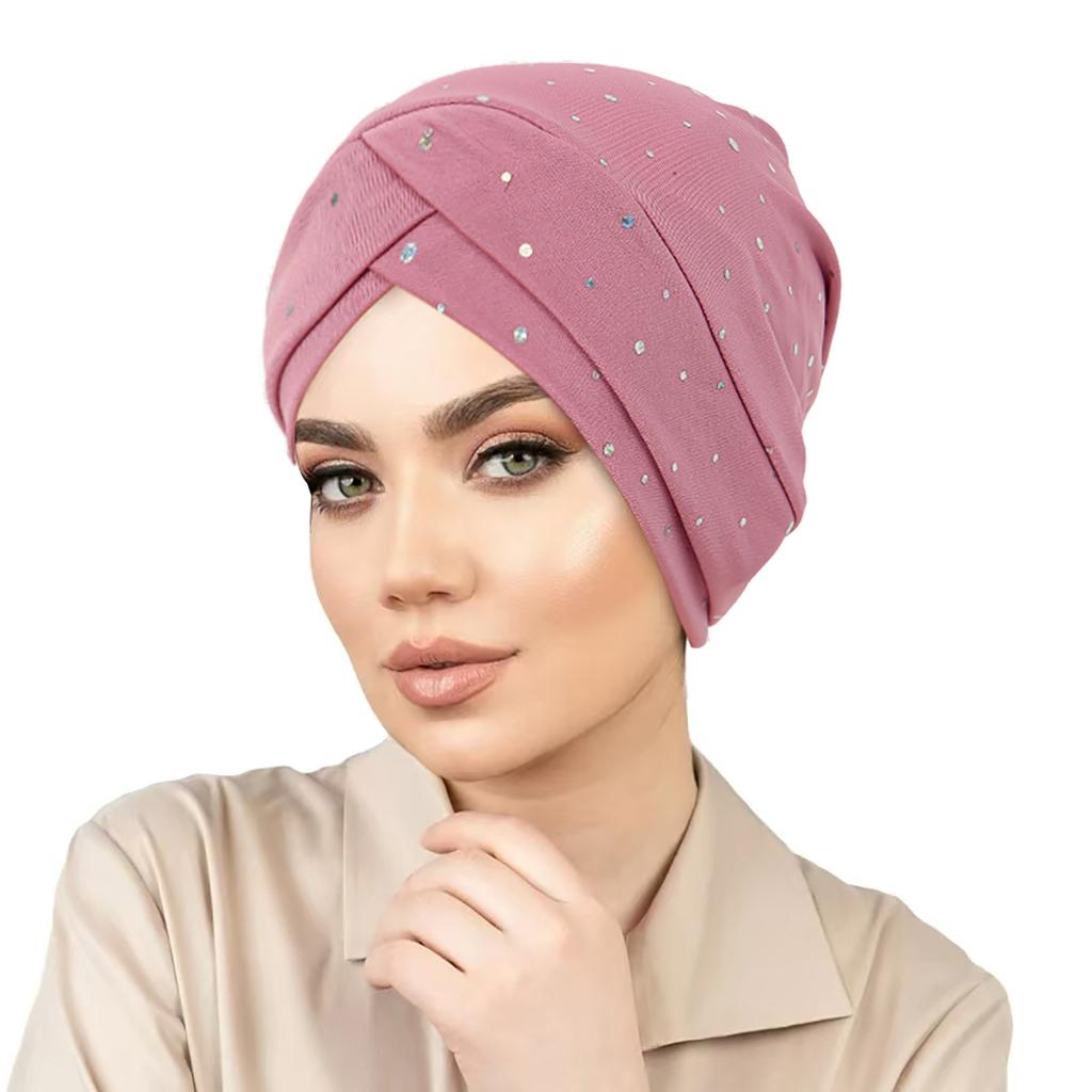 2025 New Fashion Forehead Cross Hijab Caps Hot Diamond Solid Color Turban Bonnet Muslim Ladies Head Cover