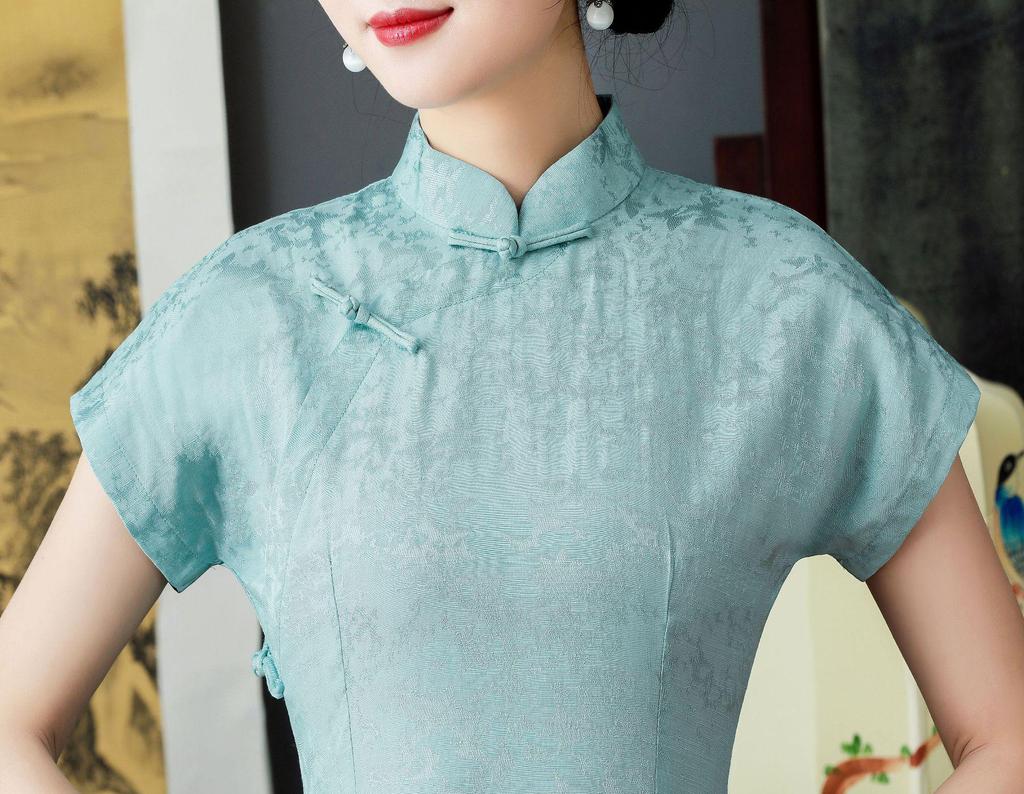 2022 Blue Waist-Slimming Retro Chinese Raglan Sleeve Tencel Cotton Cheongsam