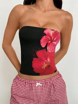Crop Top Phumee Sleeveless  Floral Printed Tube Top  Off the Shoulder A2492