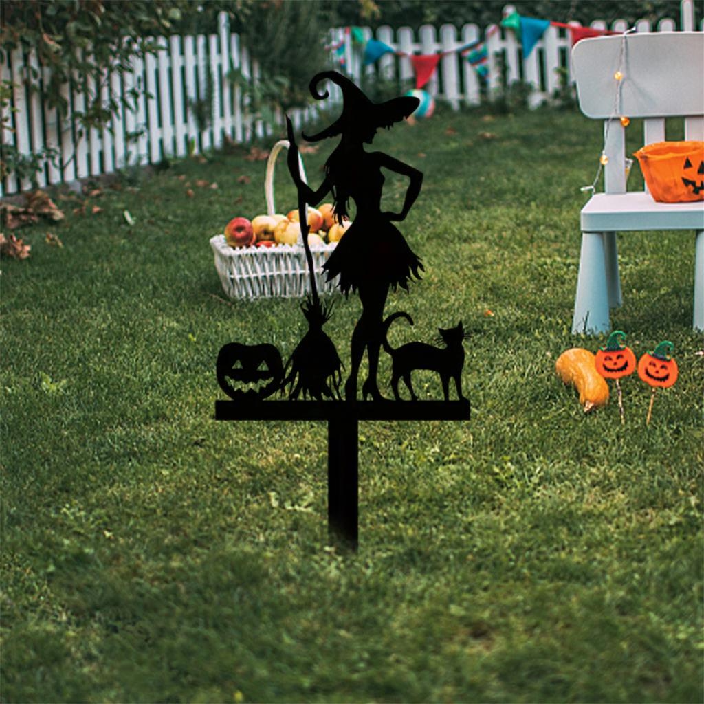 Spooky Halloween Garden Stakes Set with Witch Pumpkin and Black Cat Silhouettes - Metal Outdoor Decor for Lawn and Yard