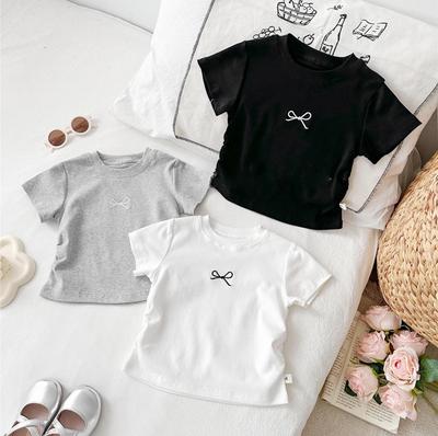 Girls' Slim-Fit Cotton T-Shirt with Embroidered Bow - Princess Style Korean Fashion Top