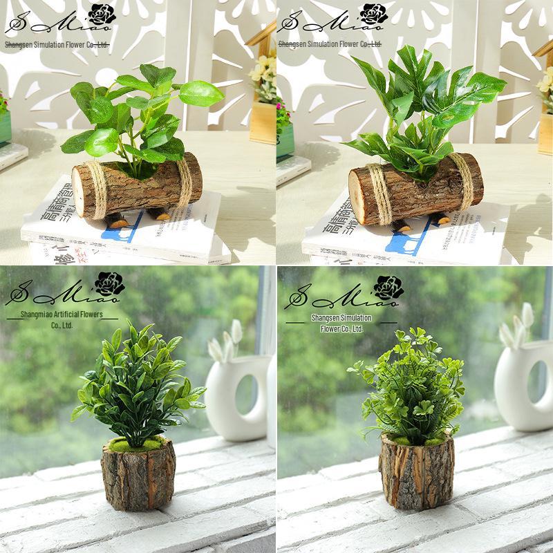 Creative Wooden Basin with Artificial Green Plant Bonsai Ornament for Display and Decoration.