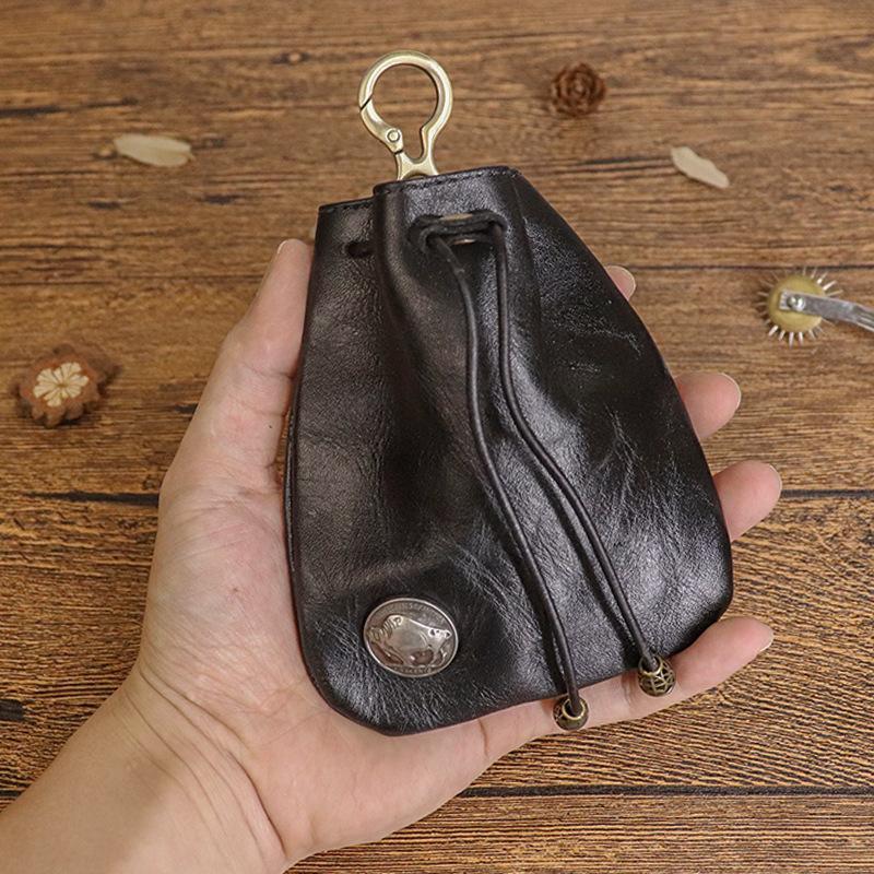 Simple Top Layer Cowhide Vegetable Tanned Leather Retro Women's Sachet Mini Key Bag Card Bag Coin Purse Storage Bag