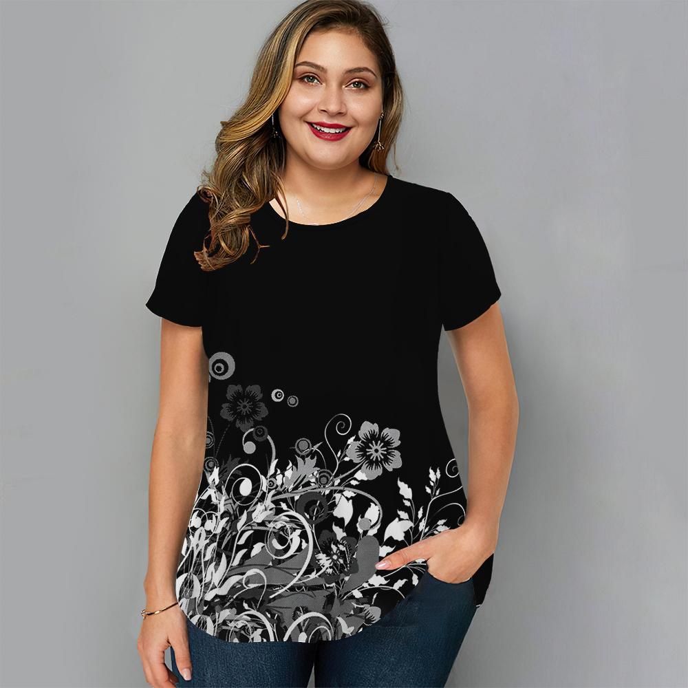 Summer Round Neck Floral Graphic 3D Print Top Fashionable Casual Short Sleeved Plus Size Women's T-shirts
