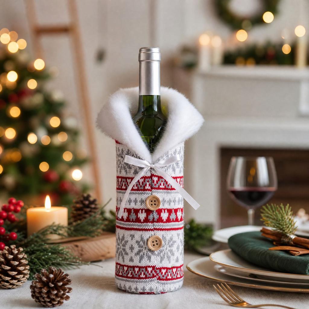 Knit Wine Bottle Cover with Button and Snowflake Design, Christmas Wine Bottle Bag for Holiday Table Decor