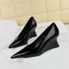 Slope Heeled Shoes for Women, High Heels, Slope Heels, Shallow Mouth, Pointed Toe, Patent Leather Single Shoes, Slope Heels