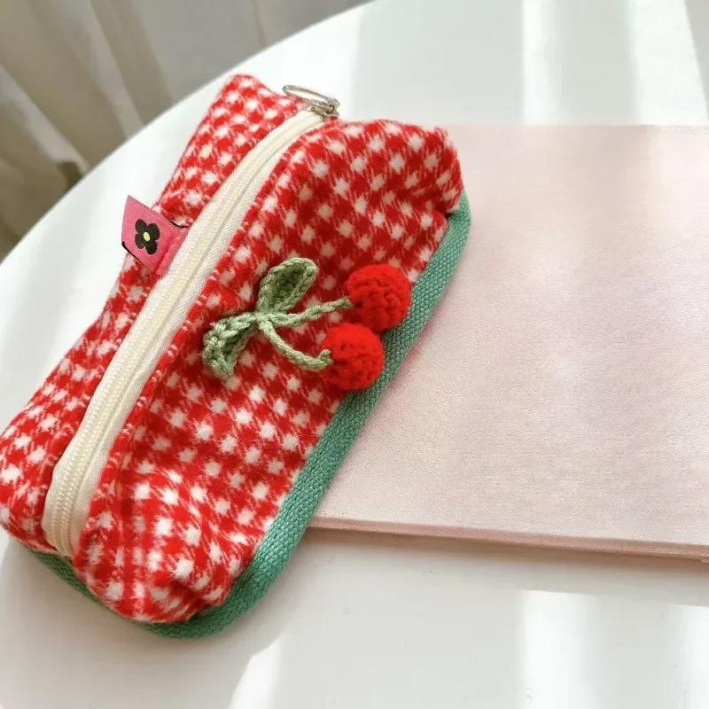 1PCS Cute Red Color Cherry Plaid Cosmetic Storage Bag Large Capacity Kawaii Makeup Case Creative Design Fruit Pencil Case