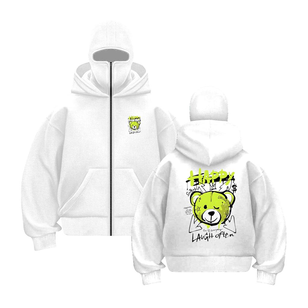 Blue Happy Bear Slogan zipper Hoodies For Male Creative Casual Hoody Sport Cartoons Sweatshirts Pocket All-Match Mens Pullovers