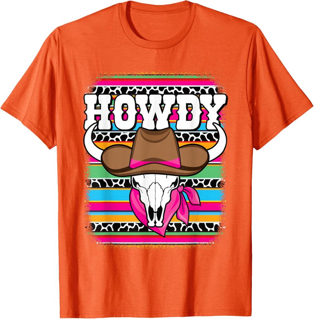 Howdy Cow Skull Western Rodeo Graphic Tee Breathable Short Sleeve Casual T-Shirt for Women
