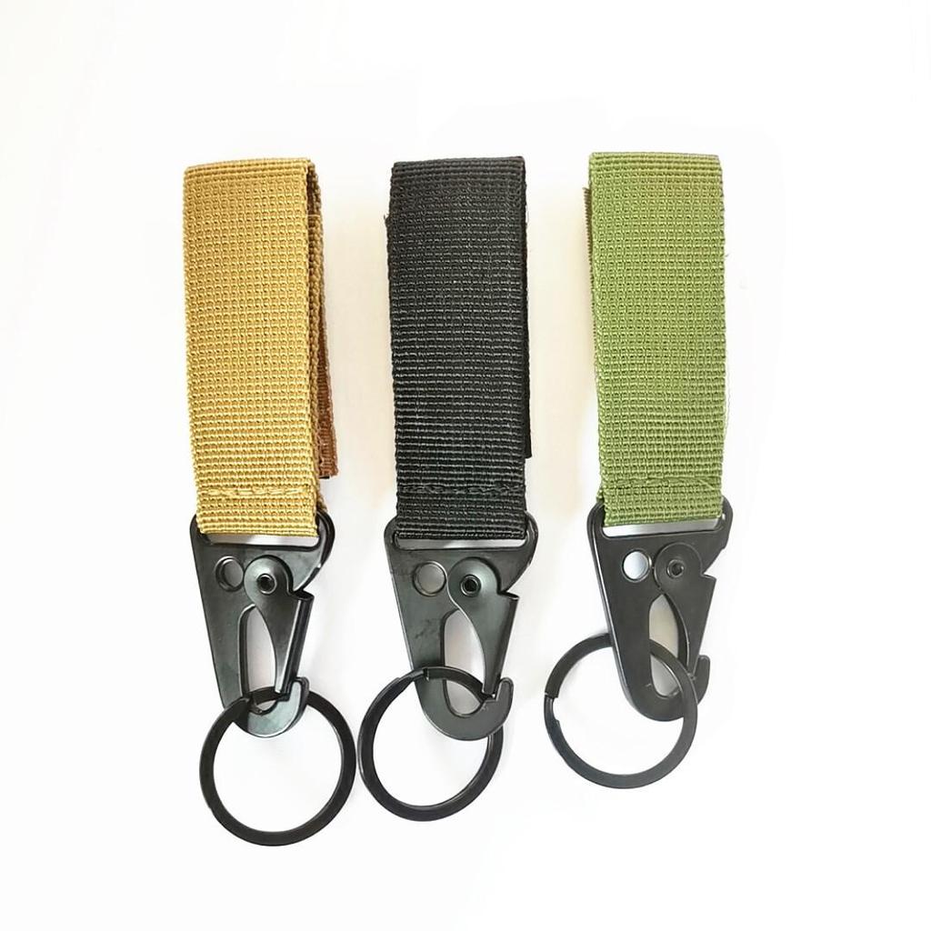 Tactical Camouflage Eagle Beak Buckle Keychain with Quick Release Carabiner and Nylon Webbing.