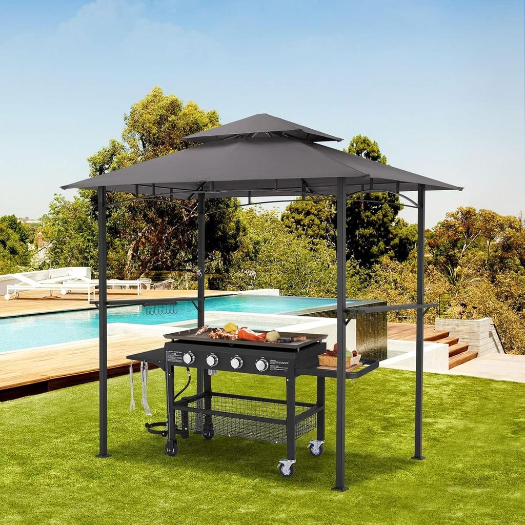 YODOLLA BBQ Gazebo - Double-Tier Canopy, Rust-Resistant Steel Frame, Side Shelves with Hooks 2,4m×1,5m - Gray