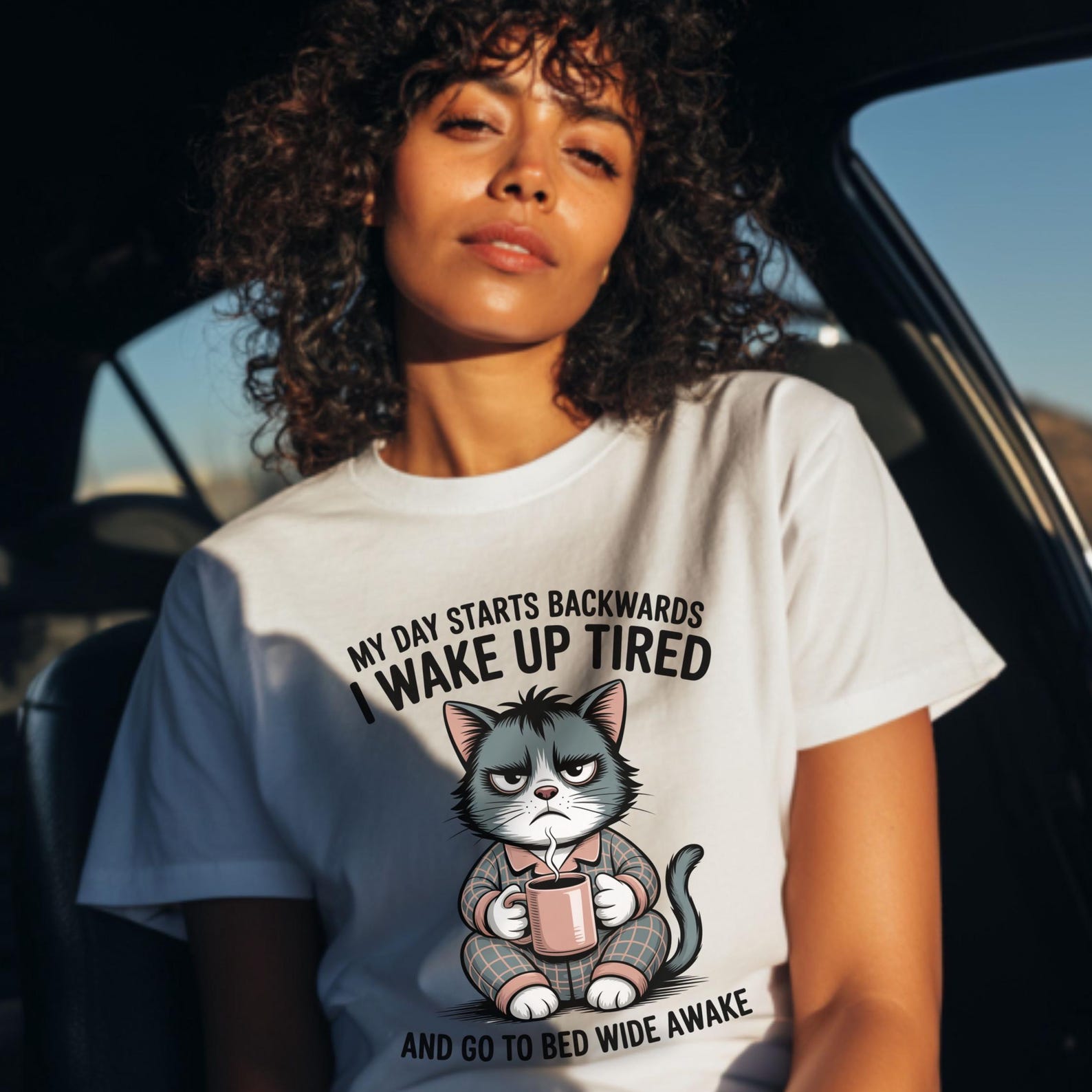 I Wake Up Tired Cat T-Shirt - Funny Grumpy Coffee Graphic Tee. XL