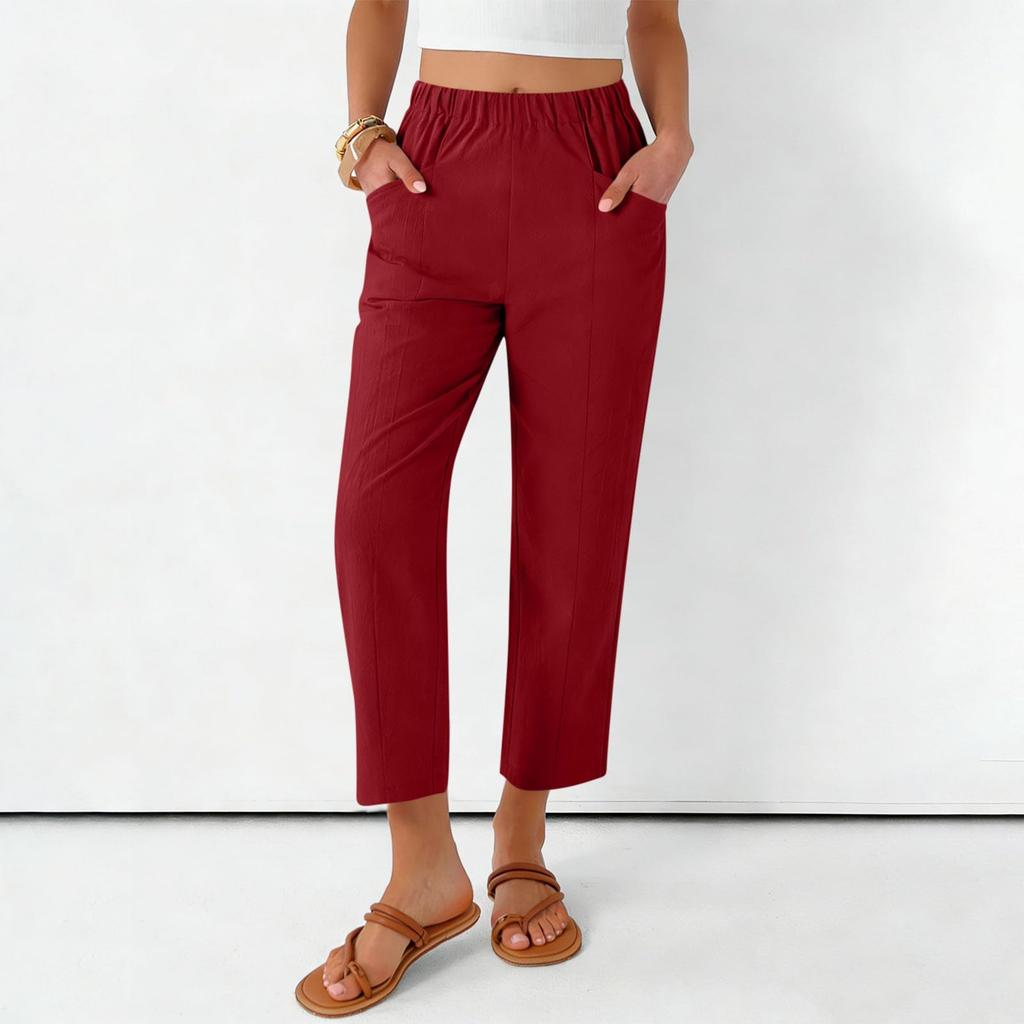 Women's Fashionable Loose-Fit Pocket Cotton-Linen Blend High-Waisted Wide-Leg Pants Casual Cropped Trousers