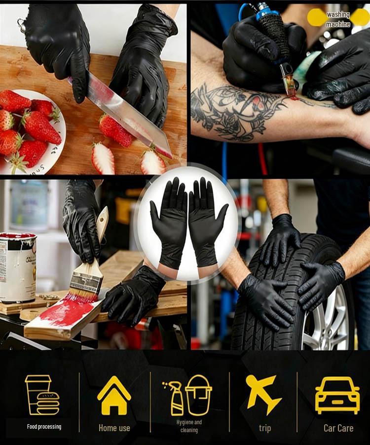 Manlong Black Nitrile Disposable Gloves, Oil & Acid Resistant, Wear-Resistant for Tattooing, Hair Dyeing & Car Repair 