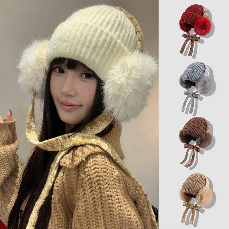 New Korean Style Strap Hairball Ear Protection Knitted Hat Winter Outdoor Casual Thickened Women Warm Lace-Up Skull Beanie Caps