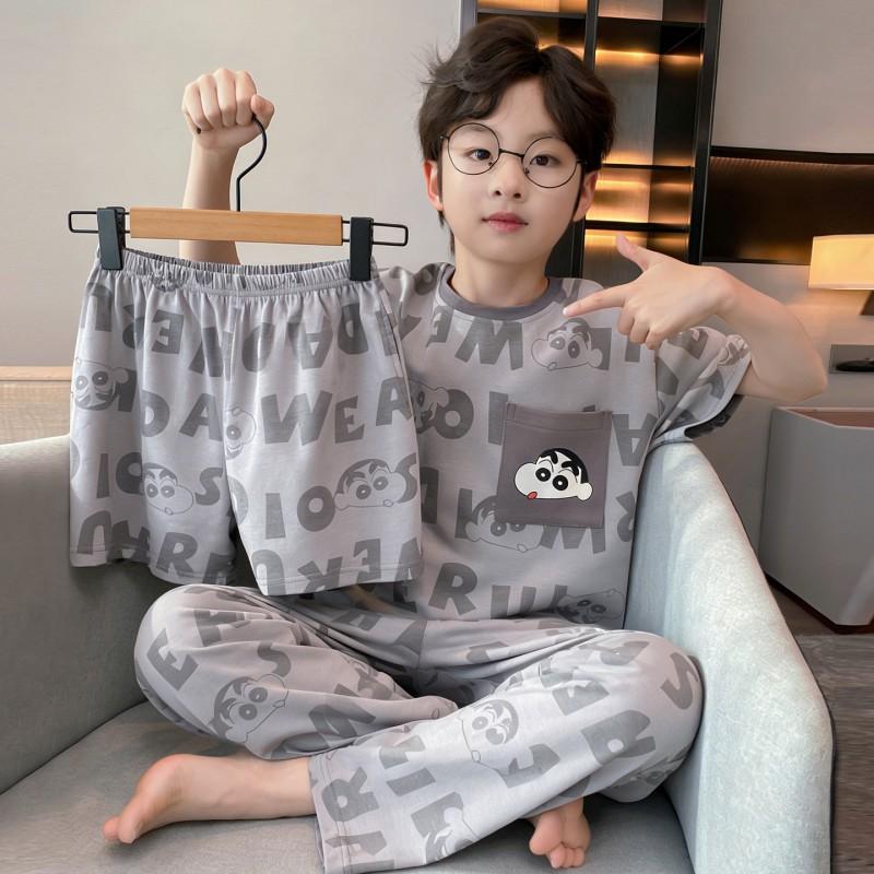 Boys Cotton Pajama Set Short Sleeve Shorts 3-Piece Cartoon Sleepwear Lightweight Home Outfit Kids