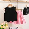 Mädchen Sommer Outfit Satin Floral Schwarz Ärmelloses Top + Rosa Faltenrock College Stil