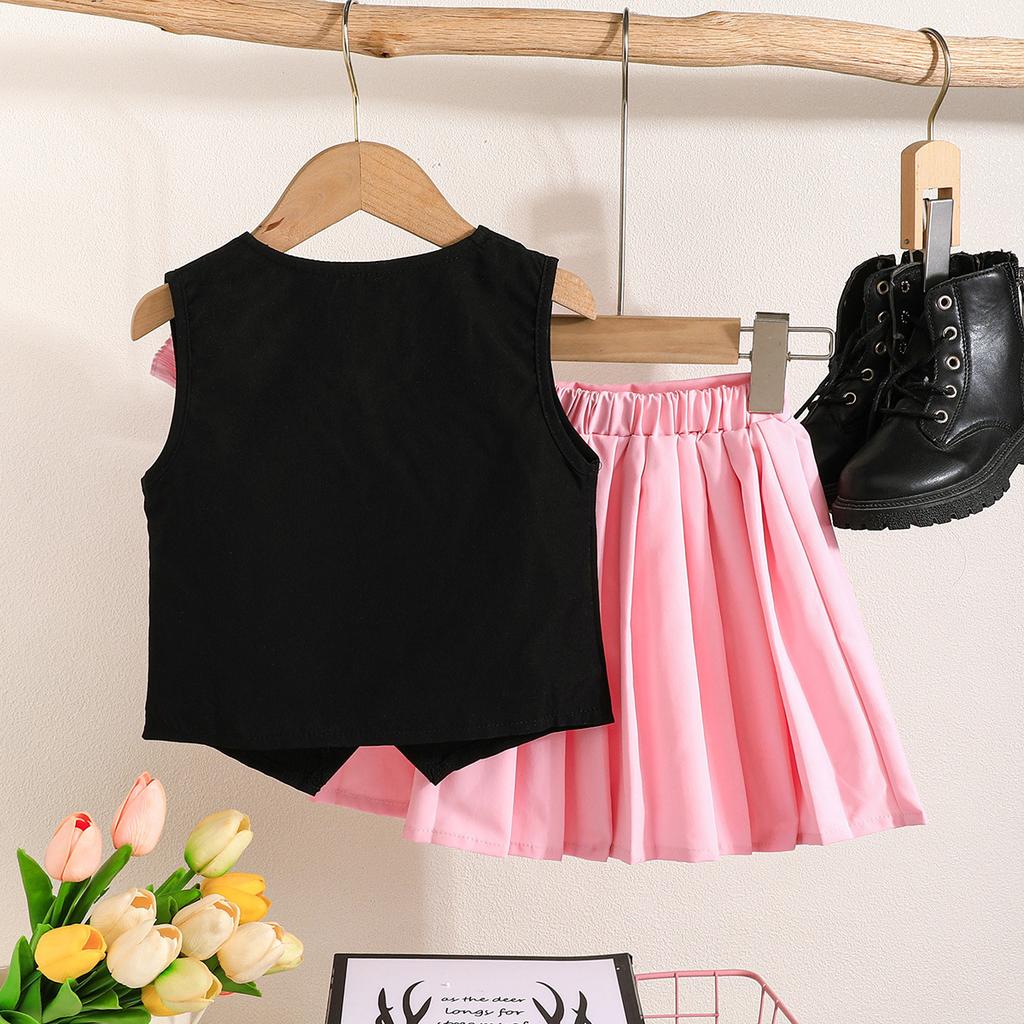 Mädchen Sommer Outfit Satin Floral Schwarz Ärmelloses Top + Rosa Faltenrock College Stil