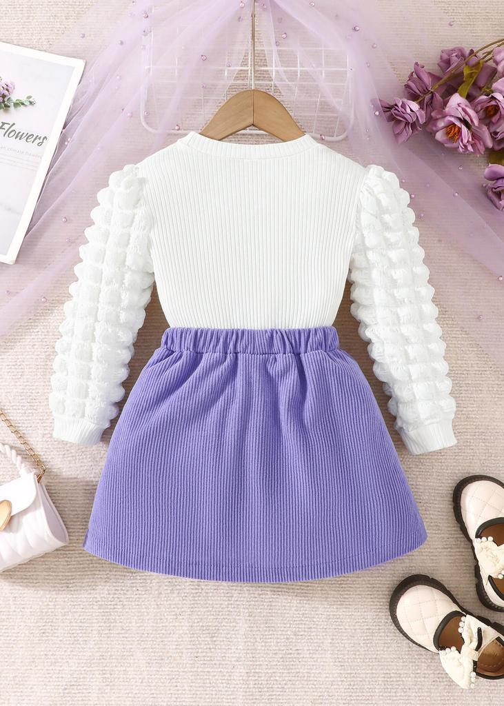 Girls' Bubble Sleeve Top & Bow Skirt 2Pcs Outfit