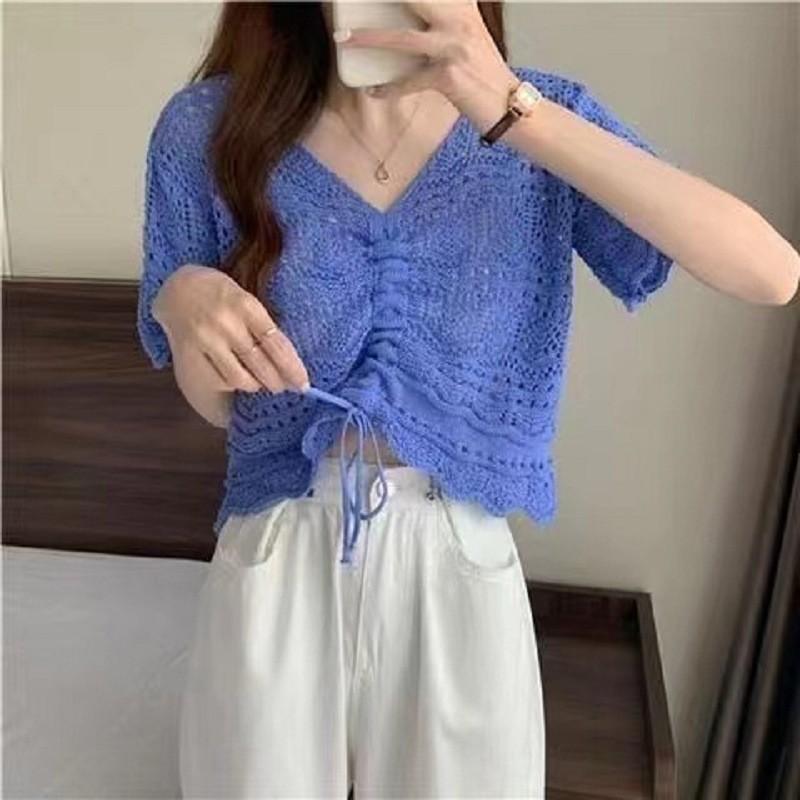 Chic Hollow Drawstring Knitted Sweater Women's Spring and Summer Small Sweet and Spicy Design Sense V-neck Lace-up Short Top